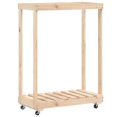 Solid pine wood log holder with slatted shelves and wheels, measuring 30.1x15.7x42.5 inches.